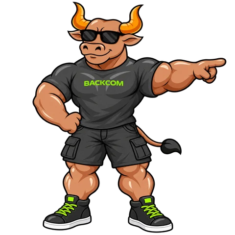 The Backcom bull pointing to the right