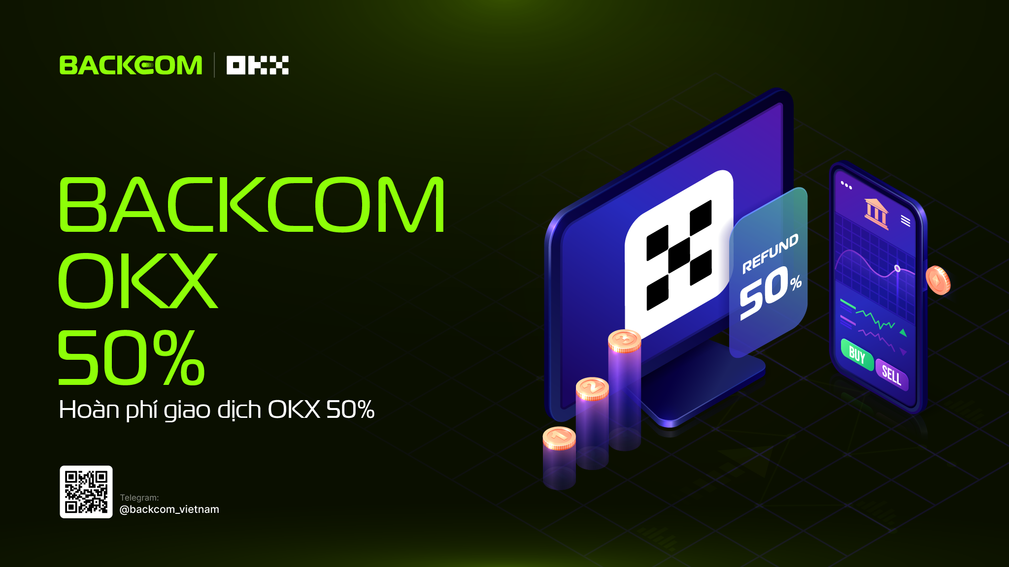 Hình minh họa chương trình hoàn phí OKX lên tới 50% từ Backcom.io – hướng dẫn kích hoạt và nhận cashback tự động cho trader.