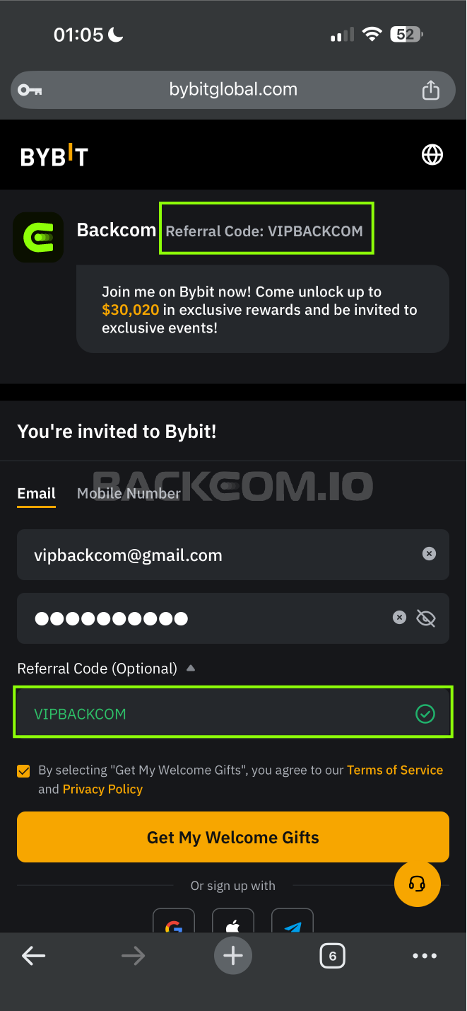 Hướng dẫn từng bước tạo tài khoản Bybit qua Backcom.io để kích hoạt hoàn phí giao dịch tự động lên tới 50%.