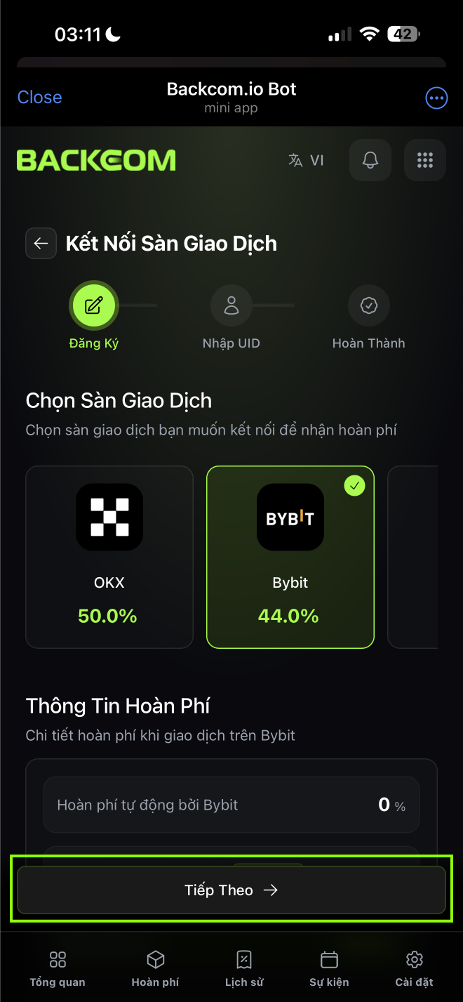 Hướng dẫn từng bước tạo tài khoản Bybit qua Backcom.io để kích hoạt hoàn phí giao dịch tự động lên tới 50%.