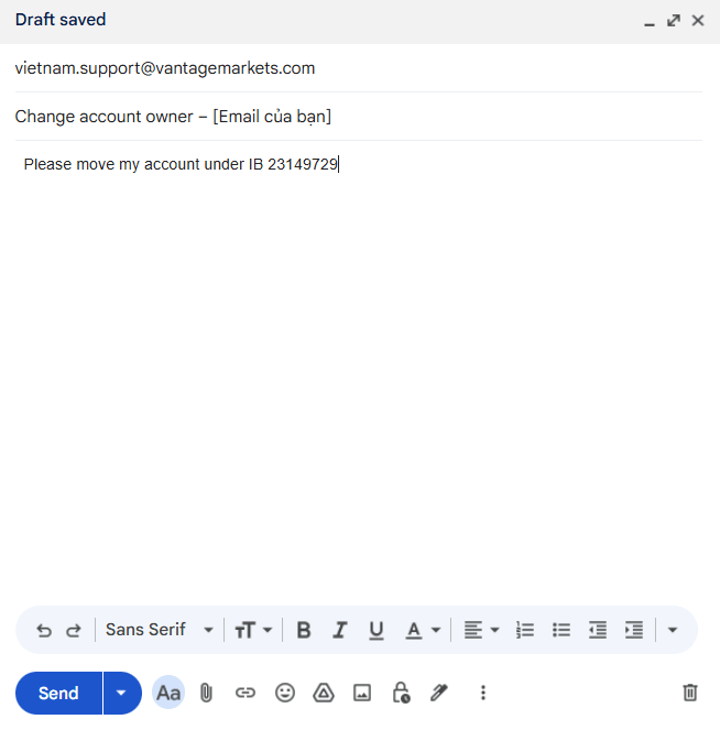 Mẫu email gửi đến Vantage để đổi IB nhận Backcom – Change account owner