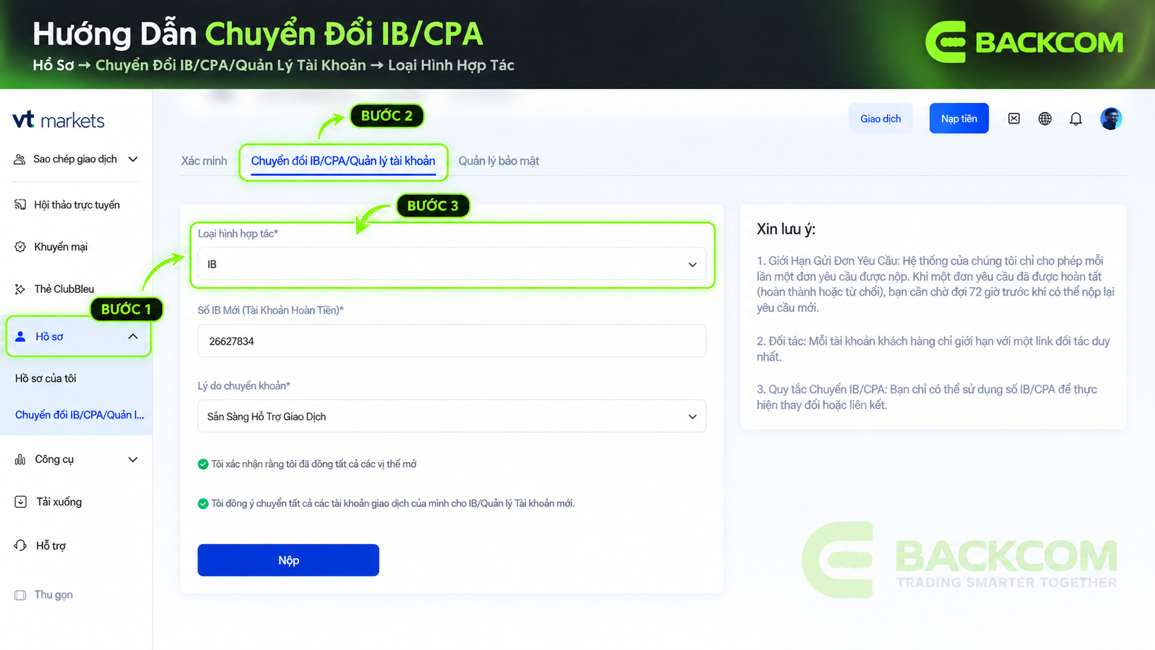 Hướng dẫn chuyển IB/CPA VT Markets về Backcom – Hồ sơ, Chuyển đổi IB/CPA/Quản lý tài khoản, chọn số IB theo loại link STP MVP EXP