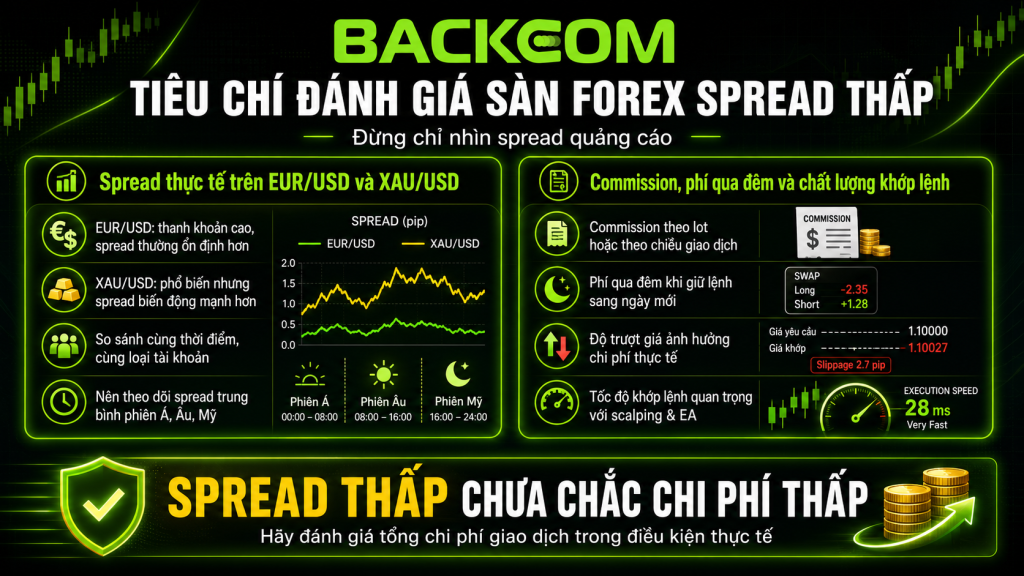 Tiêu chí đánh giá sàn Forex có spread thấp: spread thực tế, commission, phí qua đêm và chất lượng khớp lệnh