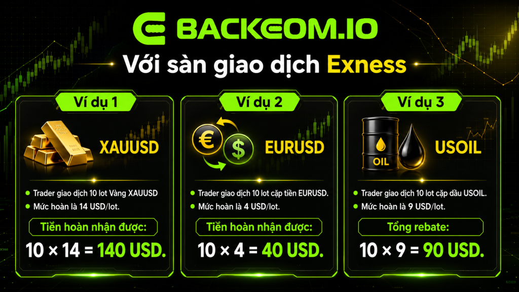 Ví dụ với Exness, các mức Rebate Forex theo Lot có thể khác nhau tùy thuộc vào cặp giao dịch