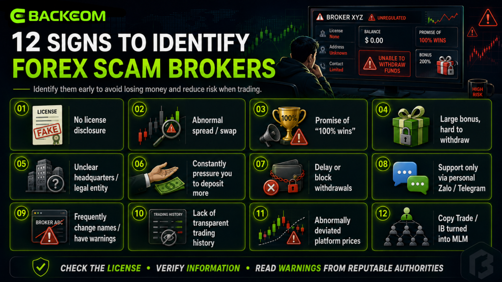 12 signs to identify a forex broker scam: no licence disclosure, abnormal spread or swap, promises of 100% wins, large bonuses that are hard to withdraw, unclear legal entity, pressure to deposit, blocked withdrawals, support only via personal chat, frequent name changes, no transparent trade history, deviated platform prices, and copy trading turned into MLM