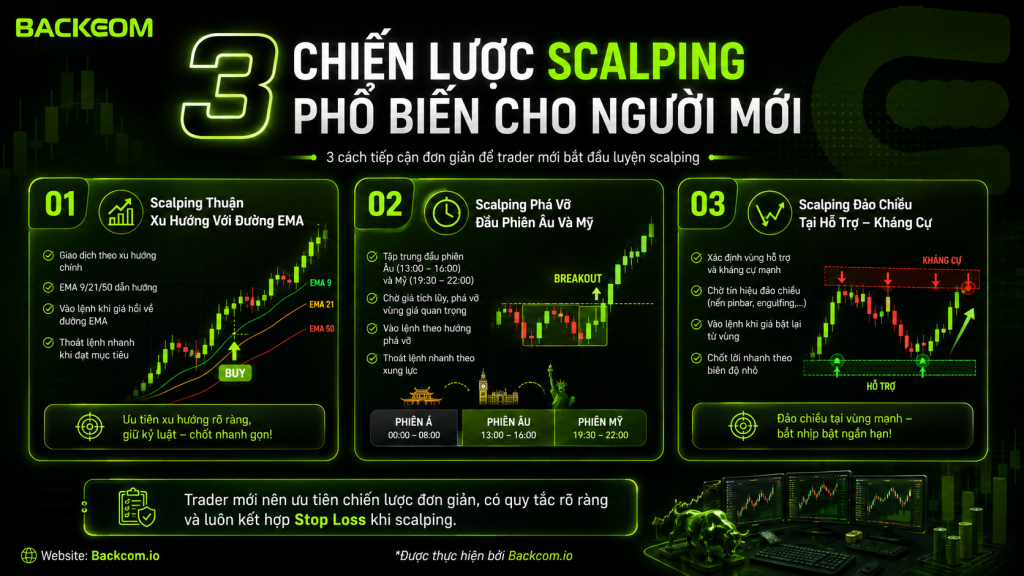 Minh họa 3 chiến lược scalping phổ biến gồm giao dịch theo xu hướng với EMA, breakout đầu phiên Âu – Mỹ và đảo chiều tại vùng hỗ trợ, kháng cự.