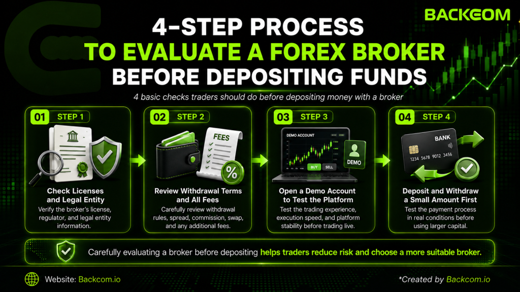 A 4-step forex broker review before depositing: check the license and legal entity, review withdrawal terms and fees, test the platform on demo, then deposit and withdraw a small amount