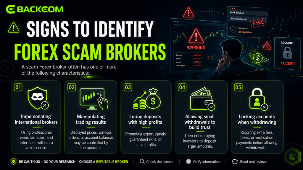 Five signs to identify a forex broker scam: impersonating international brokers, manipulating trading results, luring deposits with promises of high profits, allowing small withdrawals to build trust, then locking accounts when you withdraw