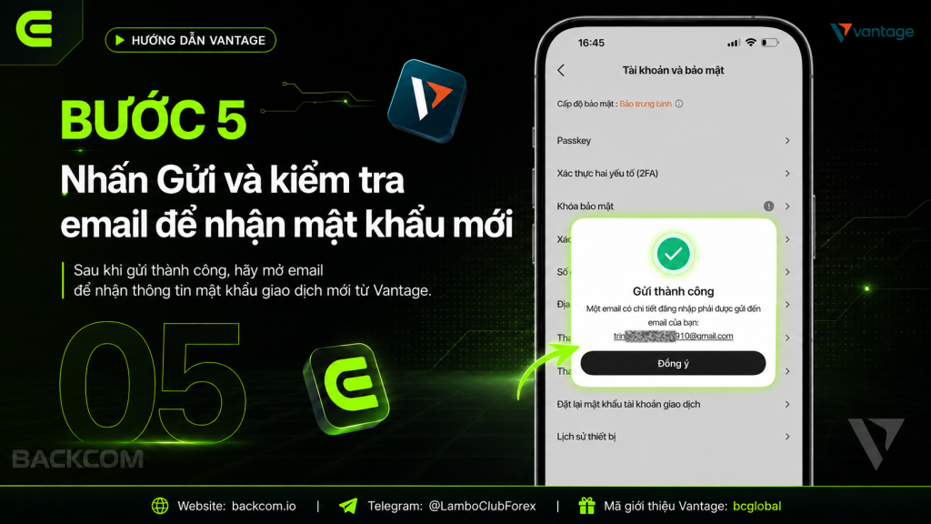 Để đổi mật khẩu giao dịch Vantage, bạn có thể thực hiện trực tiếp trên ứng dụng Vantage. Quy trình khá đơn giản: vào phần Bảo Mật, chọn tính năng Đặt lại mật khẩu giao dịch, chọn đúng tài khoản và yêu cầu Vantage gửi mật khẩu mới về email.