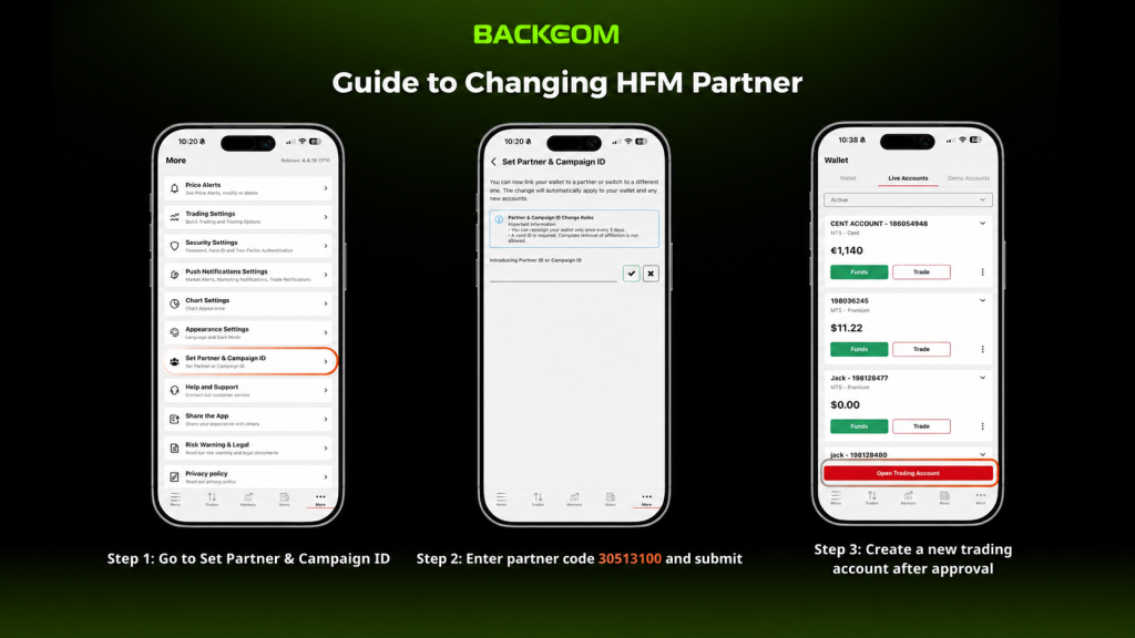 Existing HFM clients do not need to register again: the three steps for adding or switching the HFM partner code inside the HFM app.
