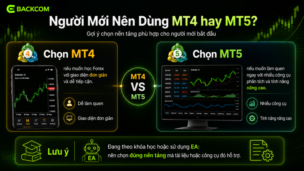 Với người mới, cả MT4 và MT5 đều có thể đáp ứng tốt nhu cầu giao dịch cơ bản. Thay vì chỉ nhìn vào nền tảng nào mới hơn, trader nên ưu tiên nền tảng phù hợp với broker và mục tiêu sử dụng.