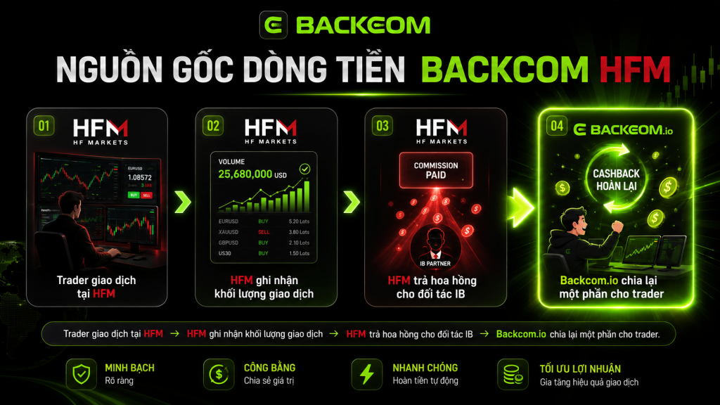 Tiền Backcom HFM đến từ hoa hồng đối tác mà HFM trả cho IB (như Backcom.io), không phải khoản tiền được trừ trực tiếp từ số dư giao dịch của trader. Đây là ảnh minh họa nguồn gốc dòng tiền.