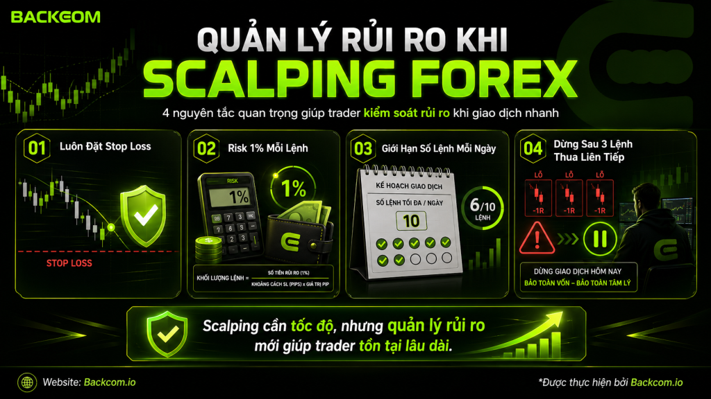 Minh họa quản lý rủi ro khi scalping forex với Stop Loss, quy tắc rủi ro 1% mỗi lệnh, giới hạn số lệnh mỗi ngày và dừng giao dịch sau chuỗi thua liên tiếp.