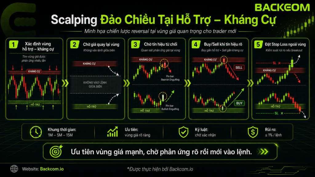 Minh họa chiến lược scalping đảo chiều tại vùng hỗ trợ và kháng cự, giúp trader quan sát phản ứng giá để tìm điểm Buy gần hỗ trợ hoặc Sell gần kháng cự.