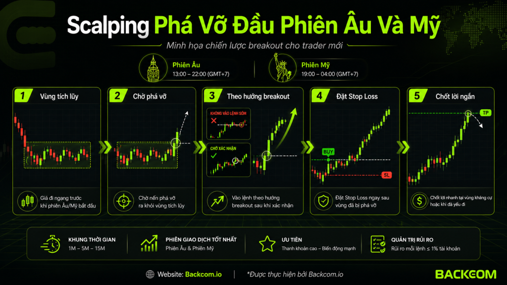 Minh họa chiến lược scalping breakout đầu phiên Âu và Mỹ, tận dụng thời điểm thanh khoản cao để tìm điểm vào lệnh khi giá phá vỡ vùng tích lũy hoặc đỉnh đáy quan trọng.