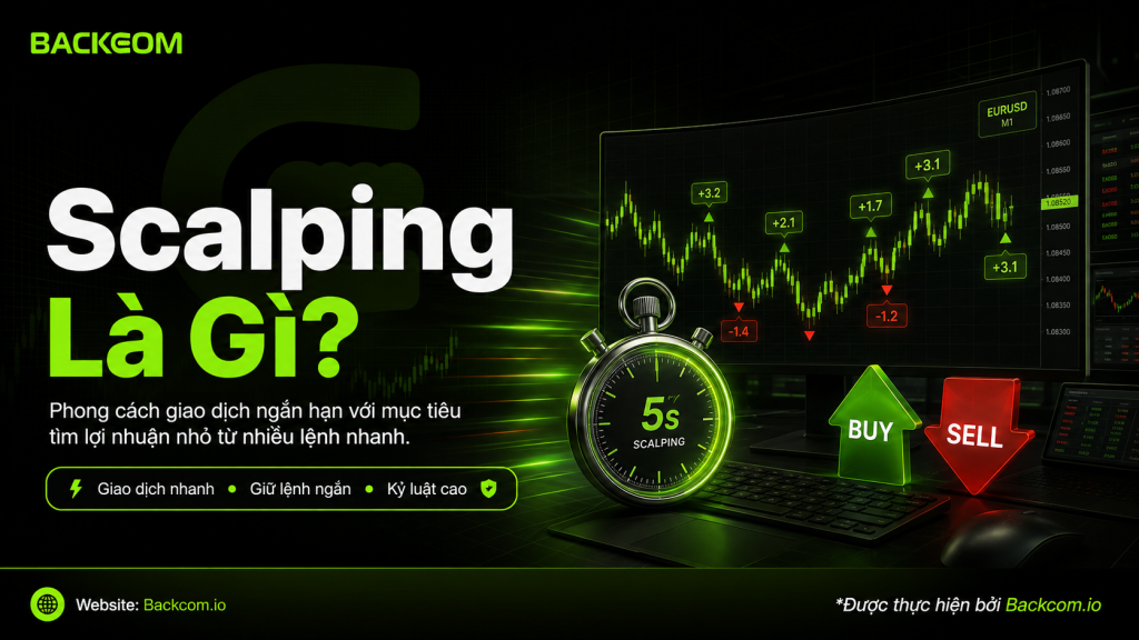Scalping là gì? Minh họa phong cách giao dịch lướt sóng ngắn hạn, trader mở và đóng lệnh nhanh trên khung M1–M15 để tận dụng biến động giá nhỏ.