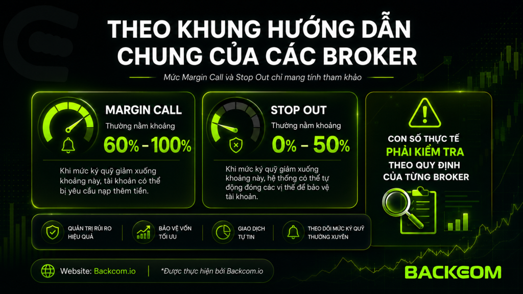 Hình minh họa margin call và Stop Out theo khung hướng dẫn chung của các broker, giúp trader hiểu các ngưỡng cảnh báo ký quỹ và thời điểm sàn có thể tự động đóng vị thế.