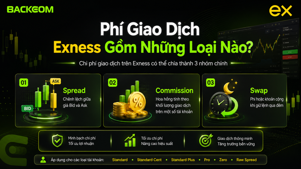 3 nhóm phí giao dịch Exness: spread, hoa hồng và phí qua đêm