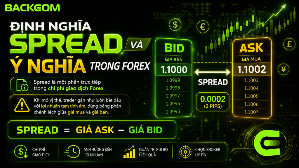 Spread là gì: công thức Spread = Giá Ask trừ Giá Bid, ví dụ Bid 1.1000 và Ask 1.1002 chênh 2 pip