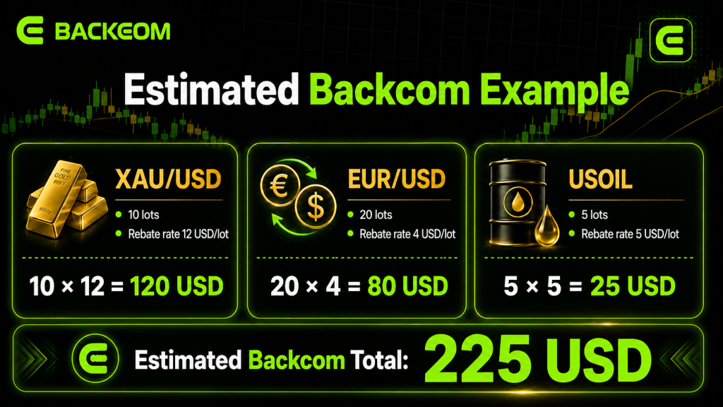 Backcom Forex rebate example for XAU USD, EUR USD and USOIL totalling 225 USD