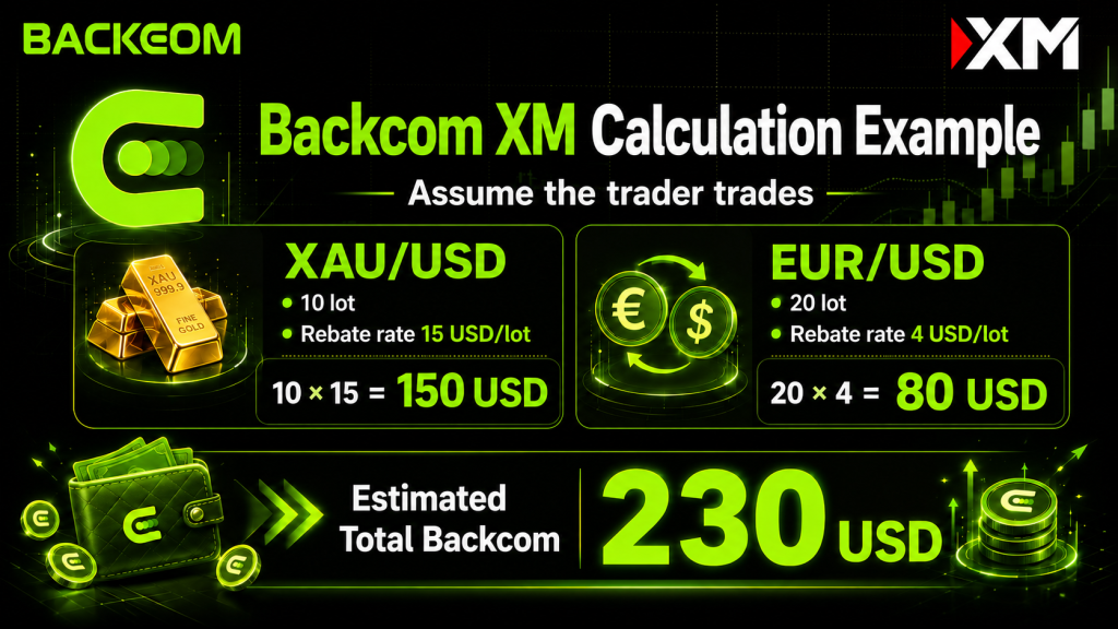 Backcom XM calculation example for XAU USD and EUR USD totalling 230 USD