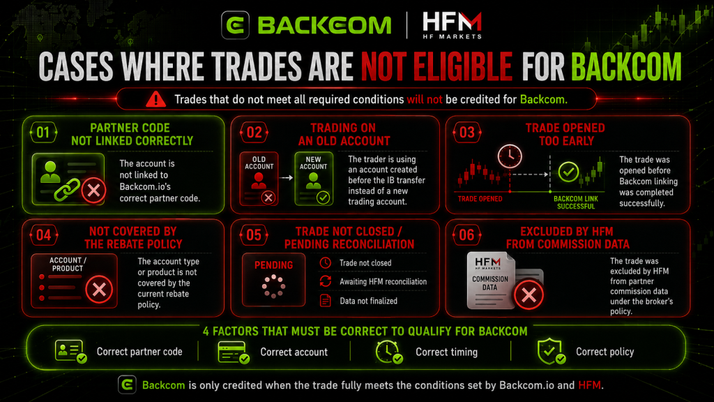 Some trades may not be recorded by HFM for partner commission, meaning no rebate is generated. The common cases are included in this image.