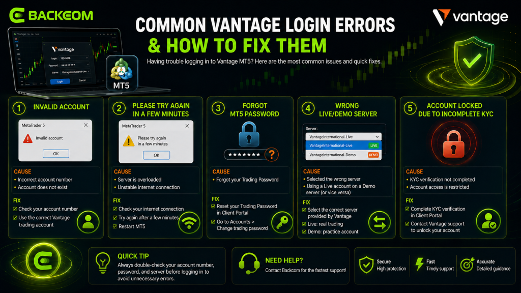 Five common Vantage login errors on MT5 with their causes and fixes