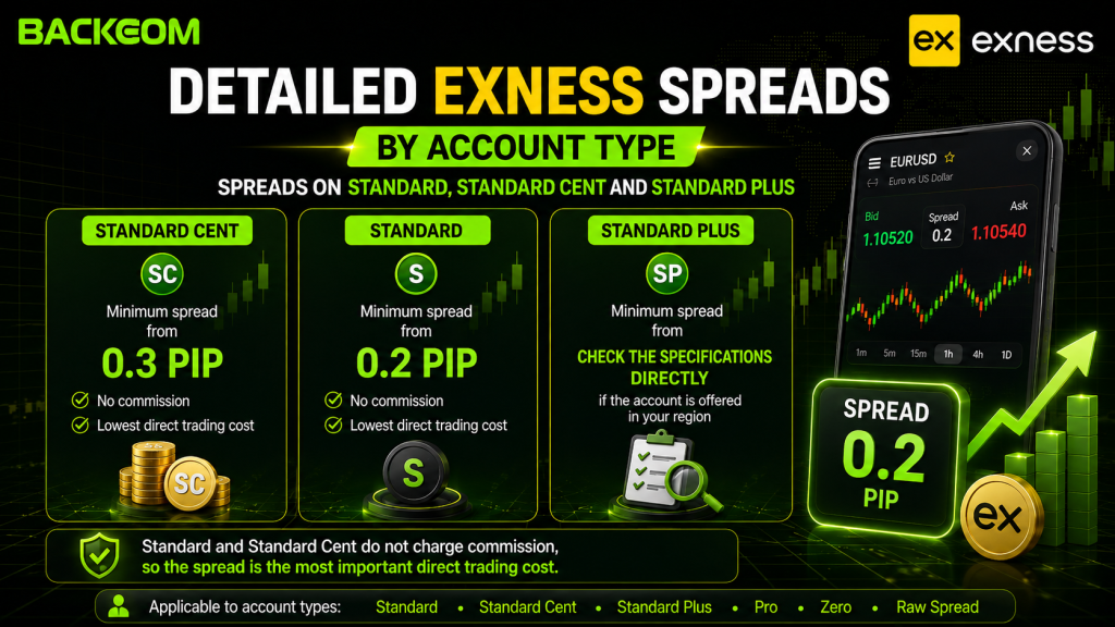 Exness spread levels across the Standard, Standard Cent and Standard Plus accounts