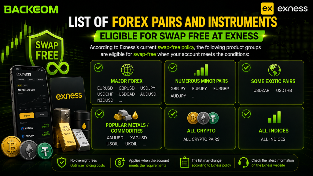 The instrument groups that can be exempt from overnight swap fees at Exness