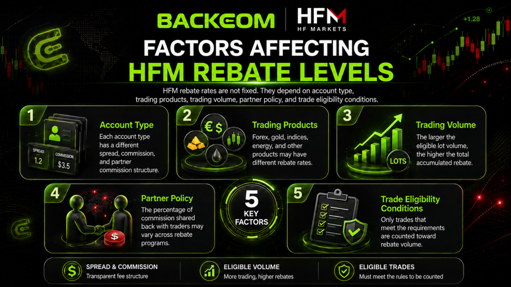 Five factors affecting HFM rebate levels: account type, trading products, trading volume, partner policy and trade eligibility conditions