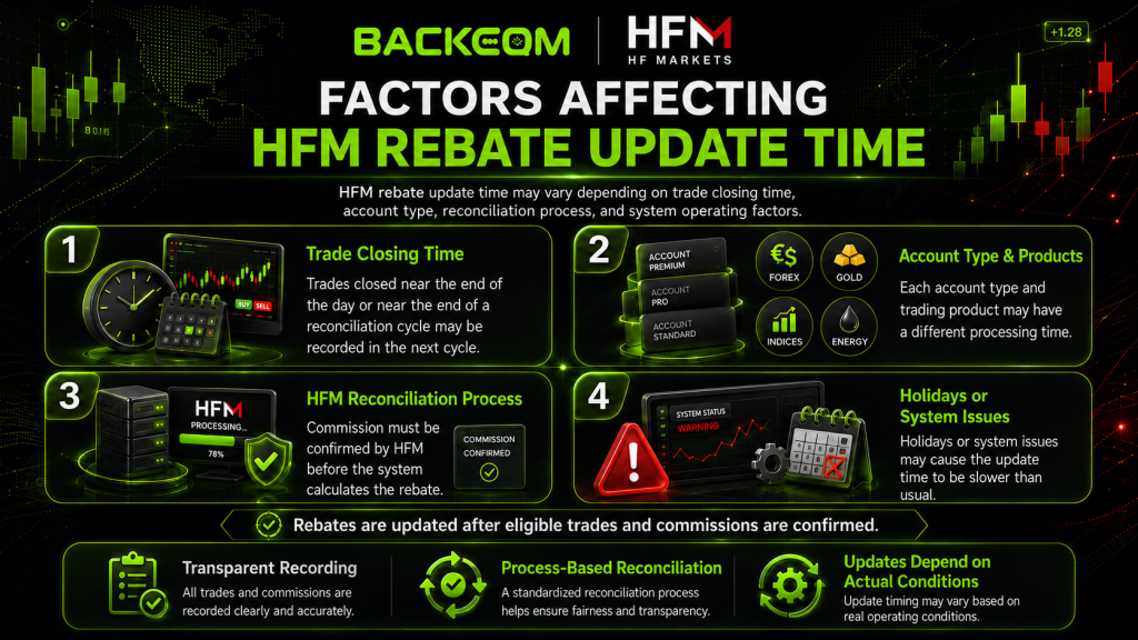Factors affecting HFM rebate update time: trade closing time, account type and products, HFM reconciliation process, holidays or system issues