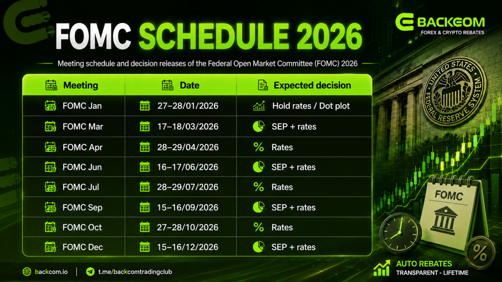 2026 FOMC meeting schedule showing all eight meeting dates, the Fed interest rate decision and which meetings include SEP and the Dot plot
