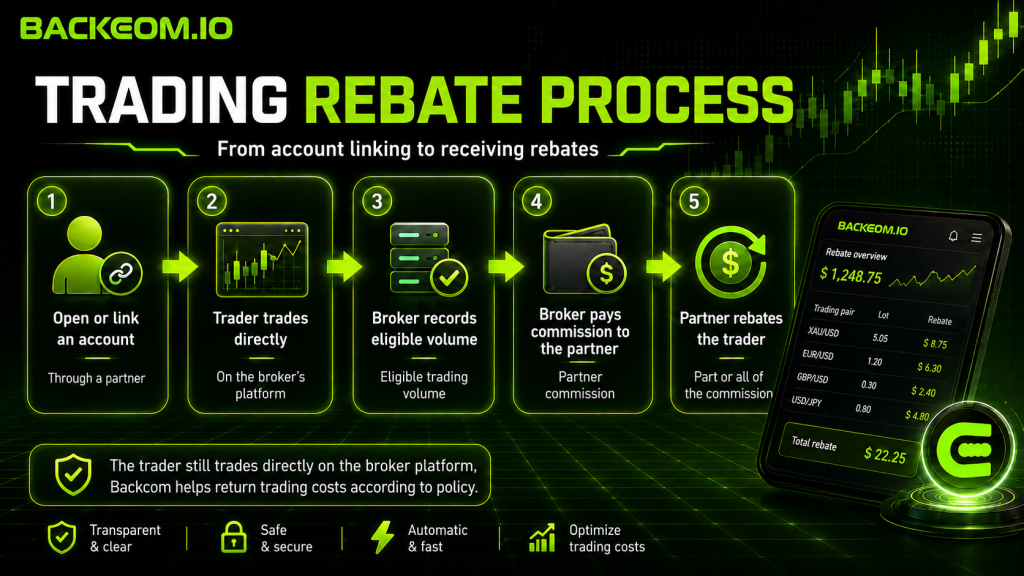Forex rebate process from account linking to payout: the broker records eligible volume, pays commission to the partner, and the partner rebates the trader.