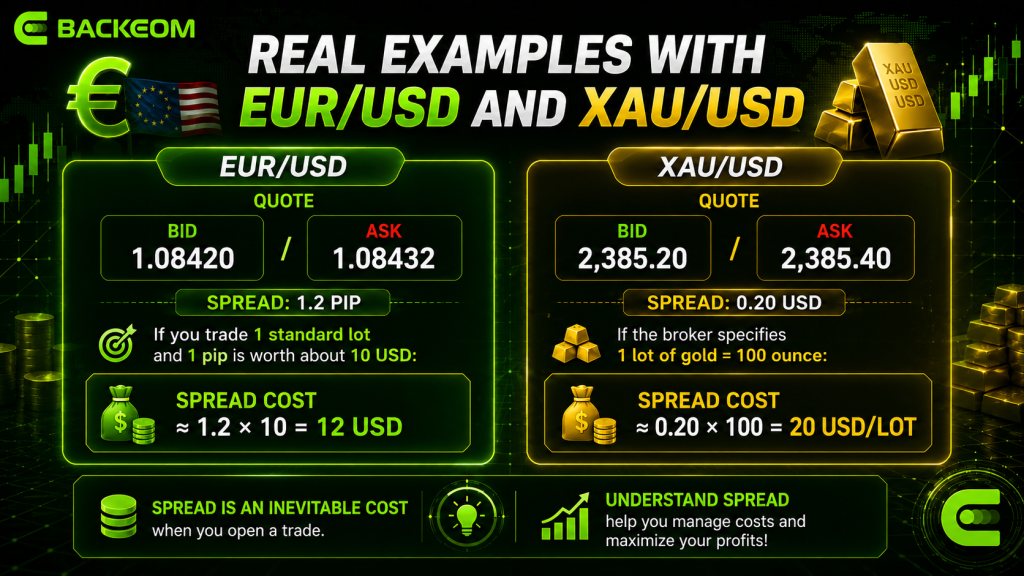 Forex spread examples: EUR/USD 1.2 pips costs 12 USD and XAU/USD 0.20 USD costs 20 USD per lot