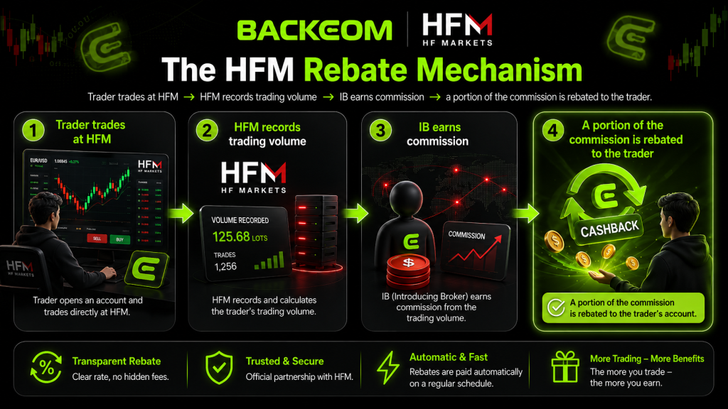 The HFM rebate mechanism in four steps: the trader trades at HFM, HFM records the trading volume, the IB earns commission, and a portion of that commission is rebated to the trader