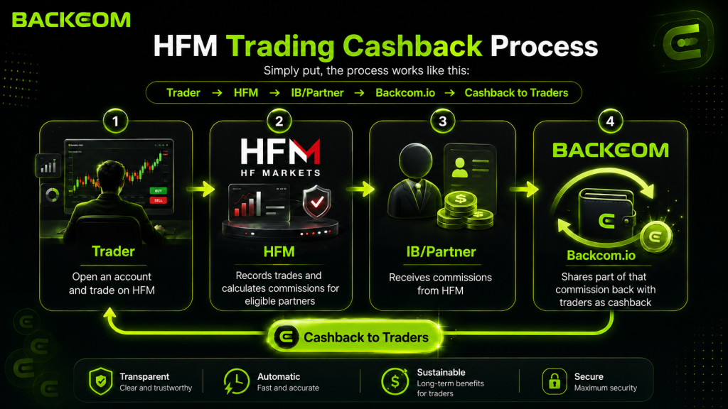 HFM trading cashback process after an HFM IB transfer: trader trades, HFM records commission, the IB partner receives it and Backcom.io shares it back