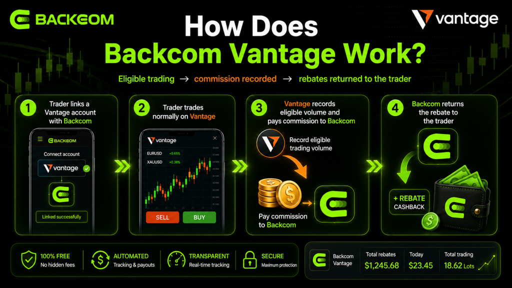 How Backcom Vantage works in four steps from linking the account to receiving the rebate