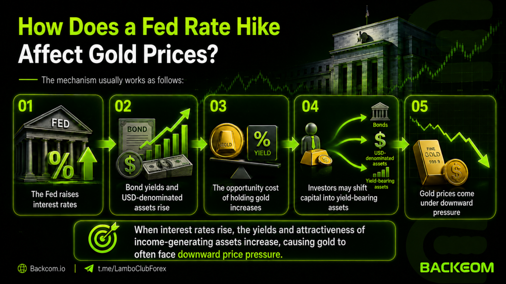 How a Fed interest rate hike affects gold prices: rates rise, bond and USD asset yields rise, the opportunity cost of holding gold increases, investors shift to yield-bearing assets and gold comes under downward pressure