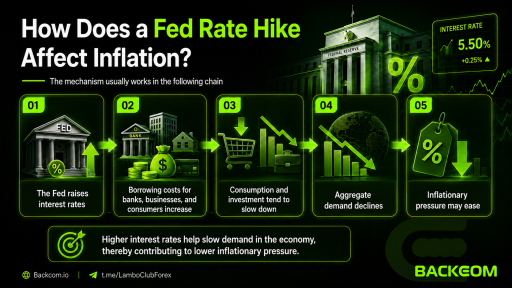 How a Fed interest rate hike affects inflation: the Fed raises rates, borrowing costs rise, consumption and investment slow, aggregate demand declines and inflationary pressure eases