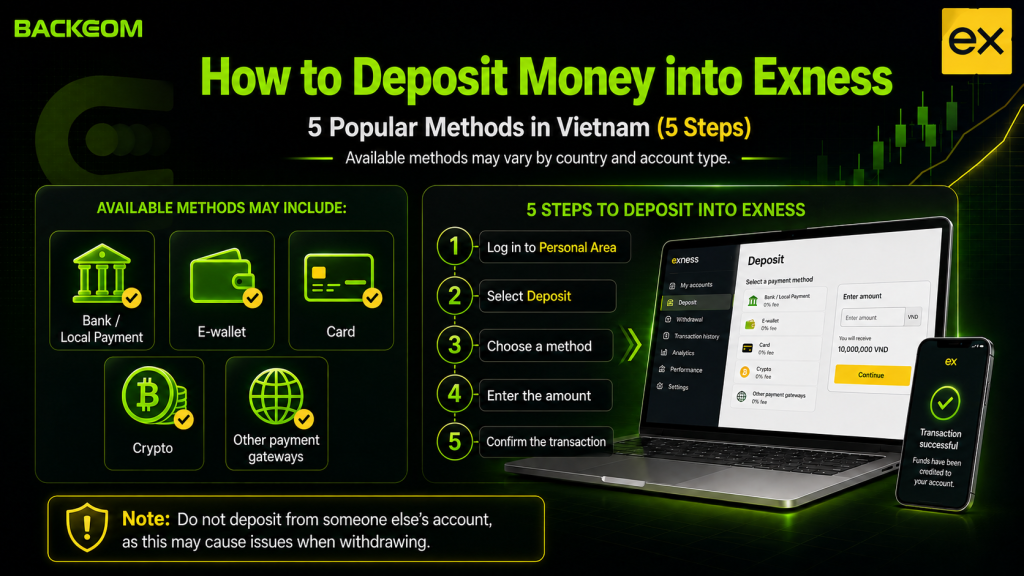 The steps to deposit funds into an Exness account