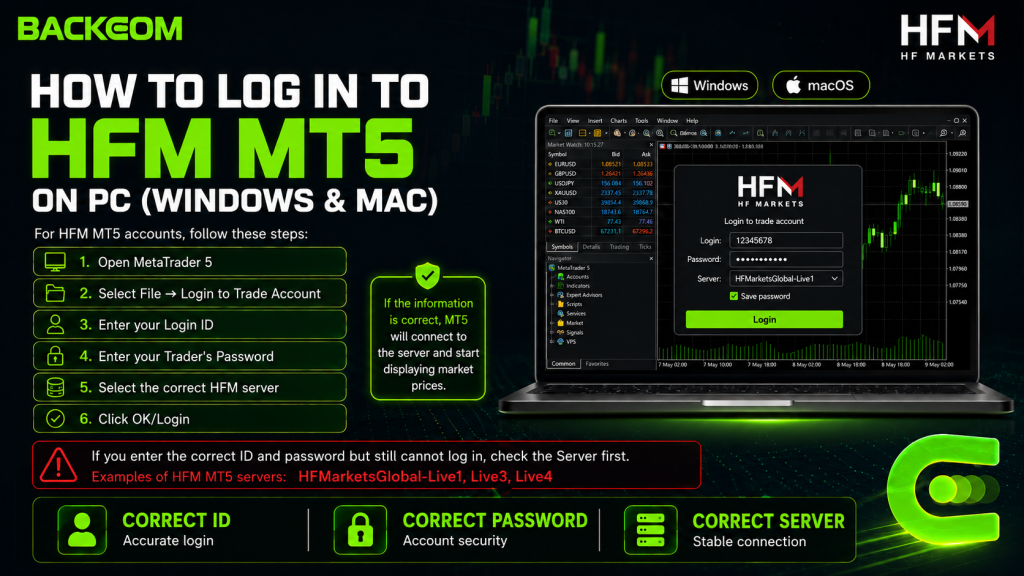 Six steps to log in to HFM MT5 on PC for Windows and Mac