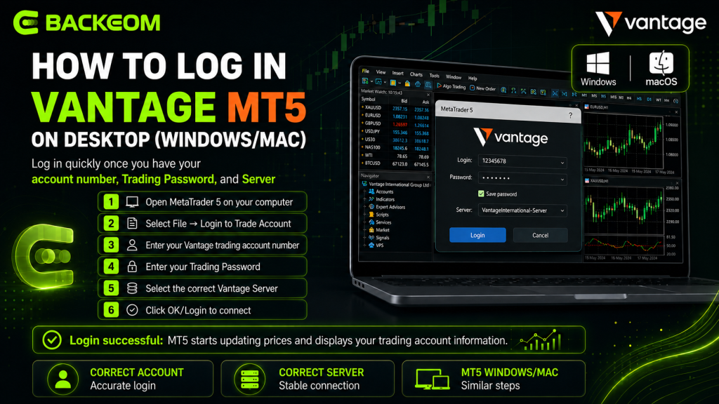 Six steps to log in to Vantage MT5 on desktop Windows and Mac