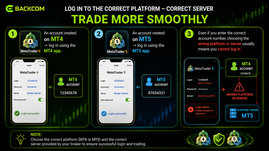 Log in to the correct platform and server: an MT4 account uses the MT4 app, an MT5 account uses the MT5 app, and the wrong platform or server means login fails