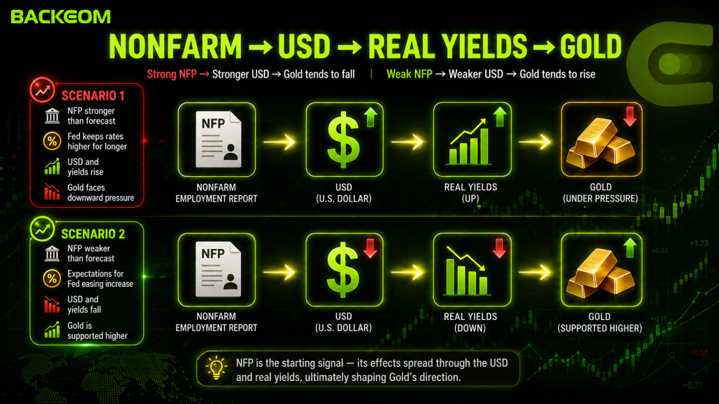 The transmission chain from Nonfarm to the USD, real yields and the gold price