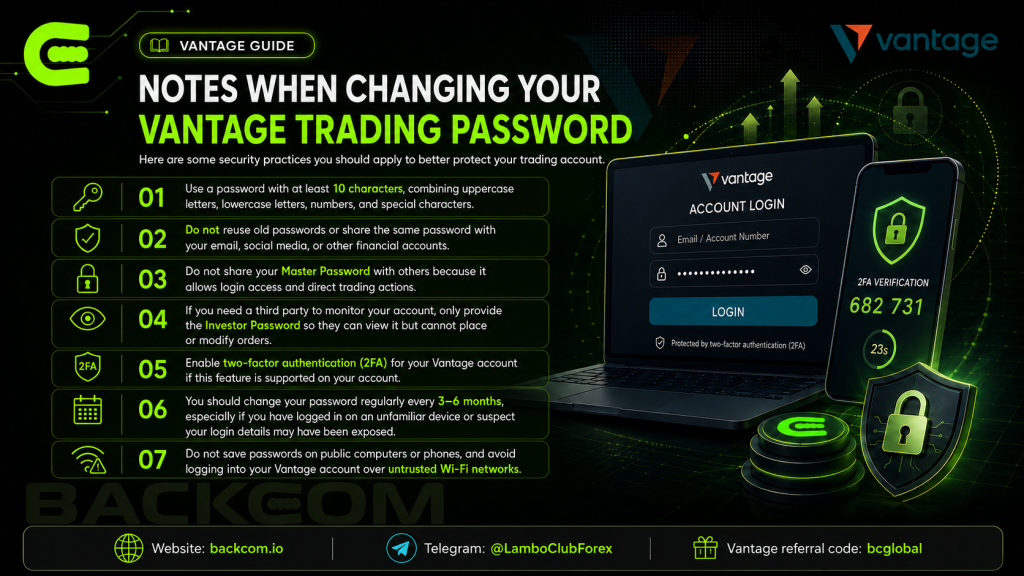 Security rules to follow after changing your Vantage trading password, including password length, not reusing passwords and enabling two-factor authentication