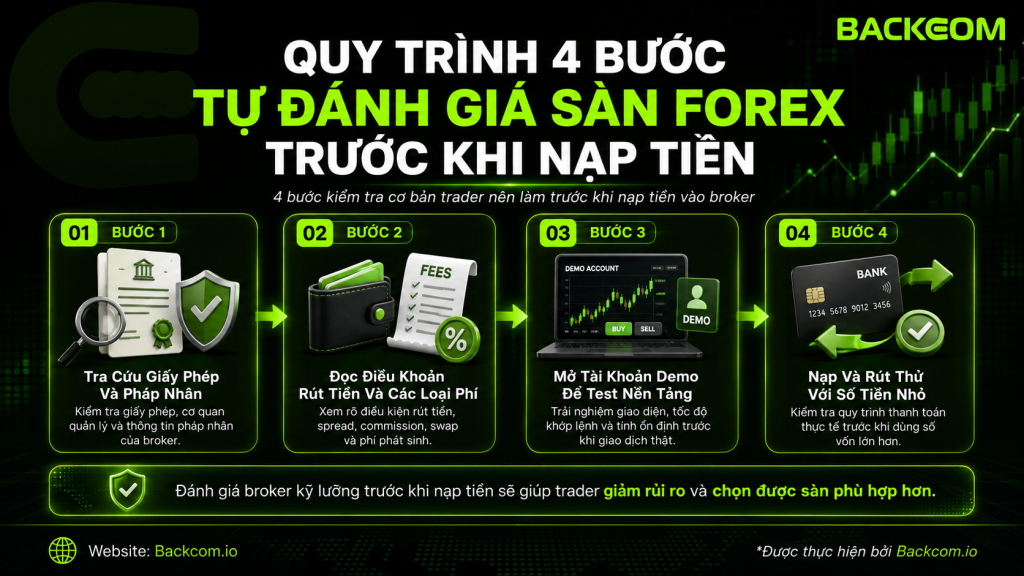Hình minh họa 7 tiêu chí giúp trader Việt đánh giá sàn forex uy tín, từ giấy phép, chi phí, nền tảng đến nạp rút và hỗ trợ khách hàng.