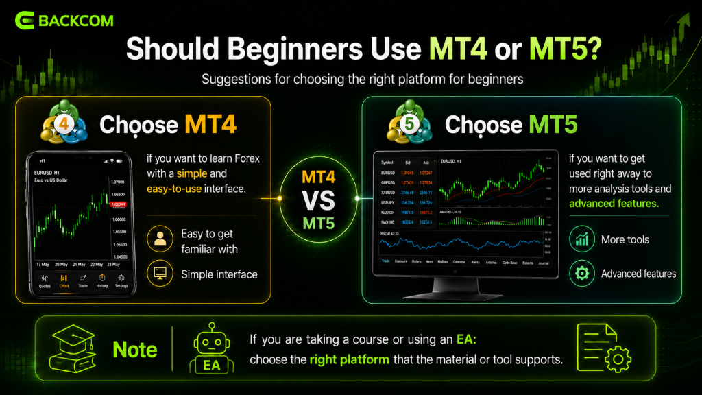 Should beginners use MT4 or MT5: choose MT4 for a simple interface, choose MT5 for more analysis tools and advanced features