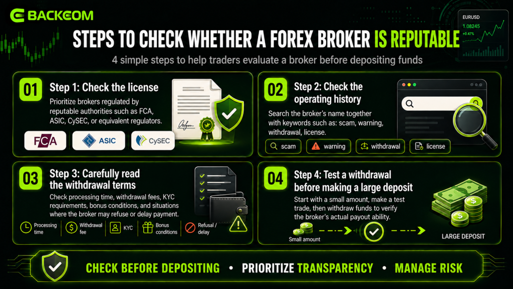 Four steps to check whether a forex broker is reputable: verify the licence with the FCA, ASIC or CySEC, check the operating history, read the withdrawal terms, and test a withdrawal before making a large deposit