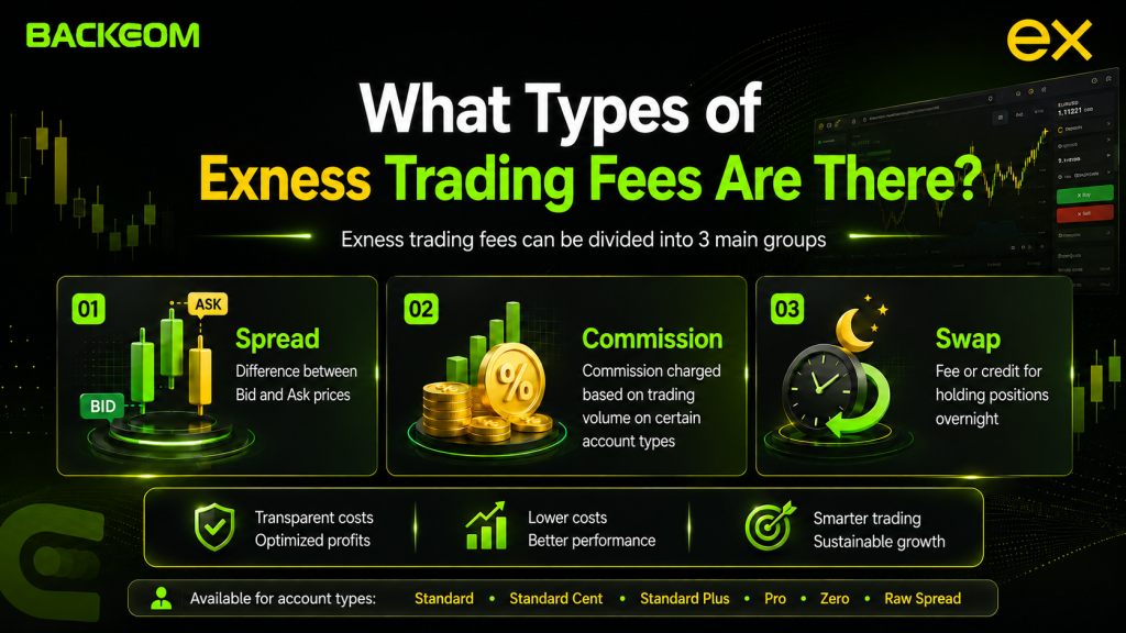The three main groups of Exness trading fees: spread, commission and swap