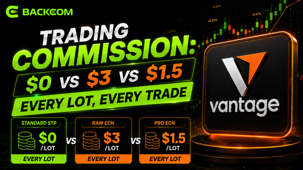 Vantage commission structure: Standard STP 0 USD, Raw ECN 3 USD and Pro ECN 1.5 USD per lot per side